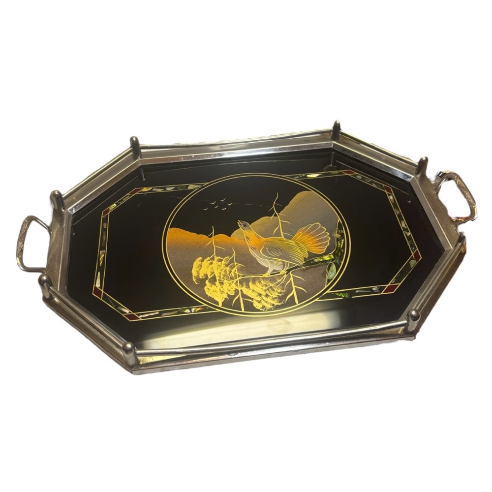 Vtg Art Deco Reverse Painted Bird Serving Tray Metal Inlaid Abalone 15”
